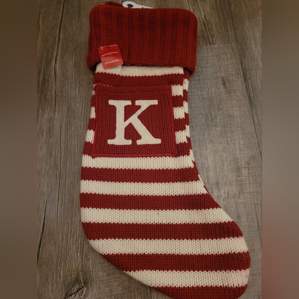 Monogram 'K' Red and White Knit Christmas Stocking NWT